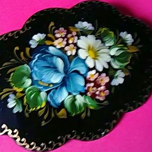 Russian hand painted black lacquer brooch